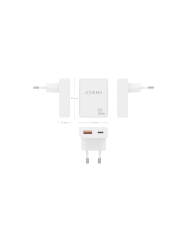 AISENS Cargador De Pared GaN Ultra Delgado 30W, 1xUSB-C PD3.0 QC4.0, 1xUSB-A QC3.0, Blanco