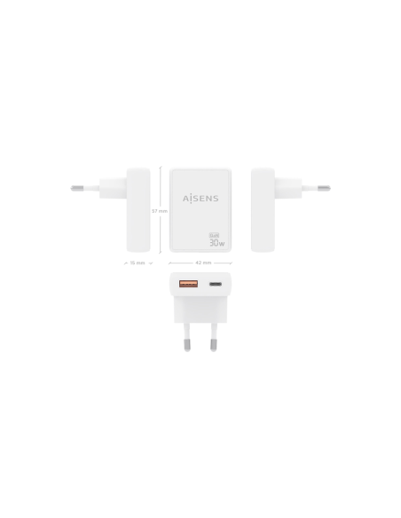 AISENS Cargador De Pared GaN Ultra Delgado 30W, 1xUSB-C PD3.0 QC4.0, 1xUSB-A QC3.0, Blanco