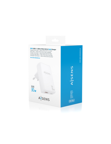 AISENS Cargador De Pared GaN Ultra Delgado 30W, 1xUSB-C PD3.0 QC4.0, 1xUSB-A QC3.0, Blanco