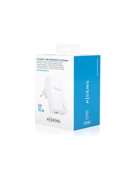 AISENS Cargador De Pared GaN Ultra Delgado 30W, 1xUSB-C PD3.0 QC4.0, 1xUSB-A QC3.0, Blanco