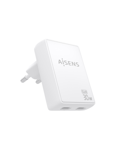 AISENS Cargador De Pared GaN Ultra Delgado 30W, 2xUSB-C PD3.0 QC4.0, Blanco