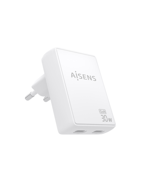 AISENS Cargador De Pared GaN Ultra Delgado 30W, 2xUSB-C PD3.0 QC4.0, Blanco