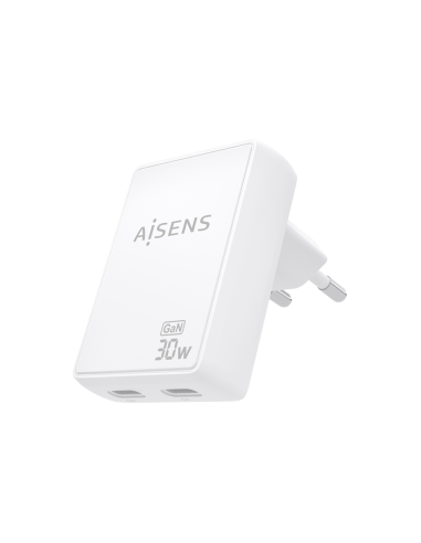 AISENS Cargador De Pared GaN Ultra Delgado 30W, 2xUSB-C PD3.0 QC4.0, Blanco