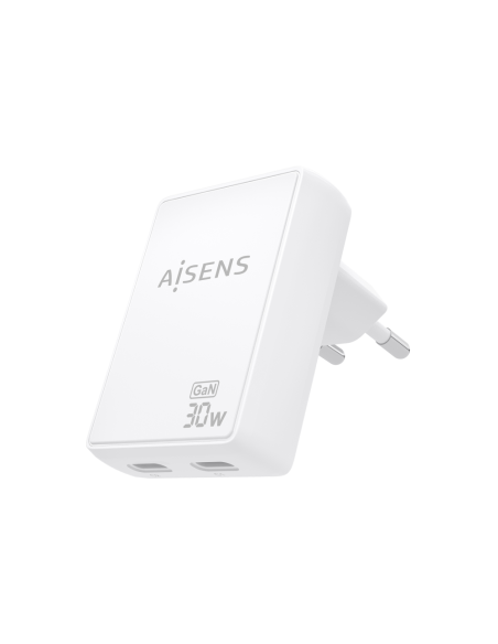 AISENS Cargador De Pared GaN Ultra Delgado 30W, 2xUSB-C PD3.0 QC4.0, Blanco