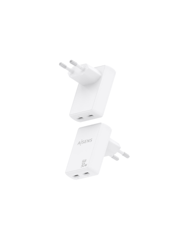 AISENS Cargador De Pared GaN Ultra Delgado 30W, 2xUSB-C PD3.0 QC4.0, Blanco