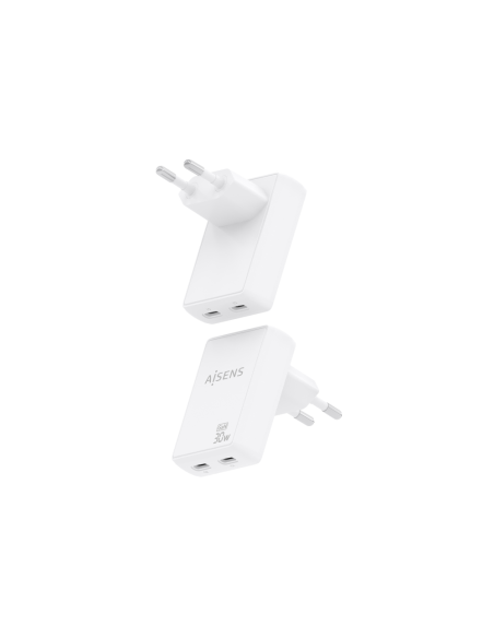 AISENS Cargador De Pared GaN Ultra Delgado 30W, 2xUSB-C PD3.0 QC4.0, Blanco