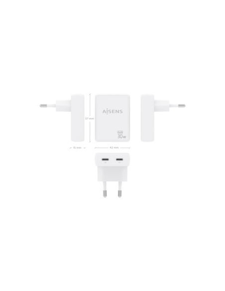 AISENS Cargador De Pared GaN Ultra Delgado 30W, 2xUSB-C PD3.0 QC4.0, Blanco
