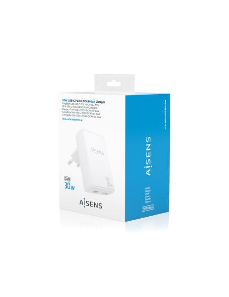 AISENS Cargador De Pared GaN Ultra Delgado 30W, 2xUSB-C PD3.0 QC4.0, Blanco