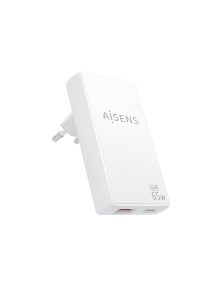 AISENS Cargador De Pared GaN Ultra Delgado 65W, 1xUSB-C PD3.0 QC4.0, 1xUSB-A QC3.0, Blanco