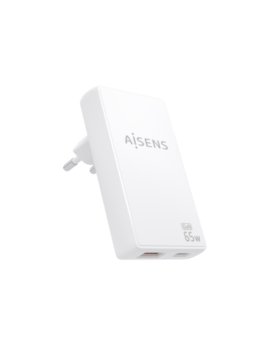 AISENS Cargador De Pared GaN Ultra Delgado 65W, 1xUSB-C PD3.0 QC4.0, 1xUSB-A QC3.0, Blanco