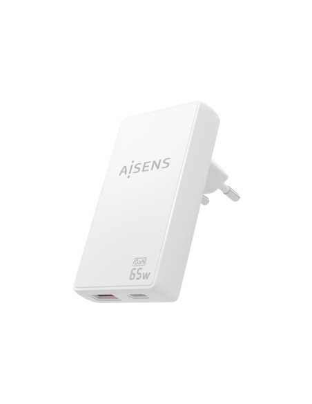 AISENS Cargador De Pared GaN Ultra Delgado 65W, 1xUSB-C PD3.0 QC4.0, 1xUSB-A QC3.0, Blanco