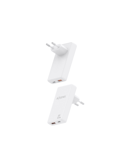 AISENS Cargador De Pared GaN Ultra Delgado 65W, 1xUSB-C PD3.0 QC4.0, 1xUSB-A QC3.0, Blanco