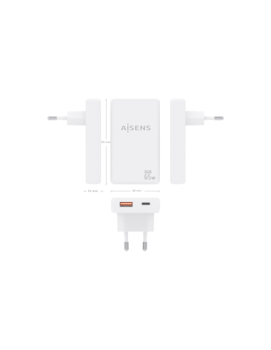 AISENS Cargador De Pared GaN Ultra Delgado 65W, 1xUSB-C PD3.0 QC4.0, 1xUSB-A QC3.0, Blanco