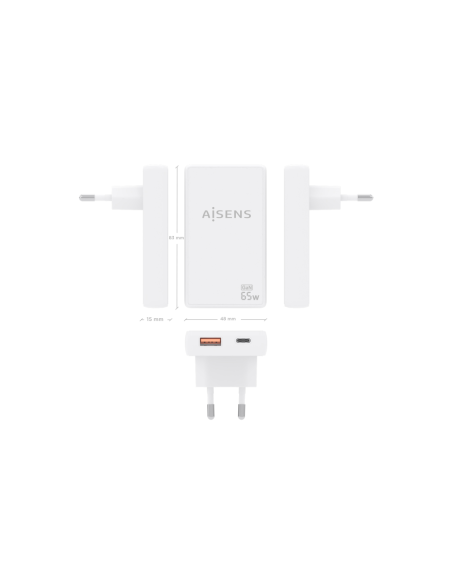 AISENS Cargador De Pared GaN Ultra Delgado 65W, 1xUSB-C PD3.0 QC4.0, 1xUSB-A QC3.0, Blanco