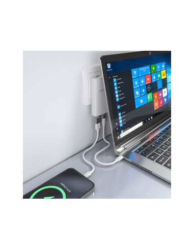 AISENS Cargador De Pared GaN Ultra Delgado 65W, 1xUSB-C PD3.0 QC4.0, 1xUSB-A QC3.0, Blanco