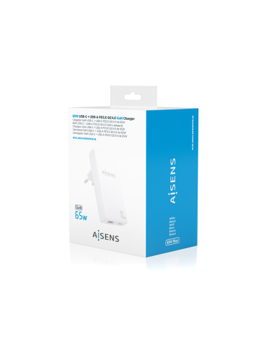 AISENS Cargador De Pared GaN Ultra Delgado 65W, 1xUSB-C PD3.0 QC4.0, 1xUSB-A QC3.0, Blanco