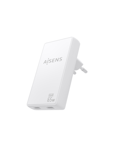 AISENS Cargador De Pared GaN Ultra Delgado 65W, 2xUSB-C PD3.0 QC4.0, Blanco