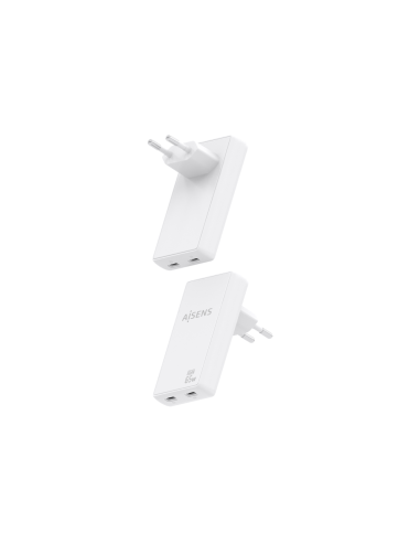 AISENS Cargador De Pared GaN Ultra Delgado 65W, 2xUSB-C PD3.0 QC4.0, Blanco