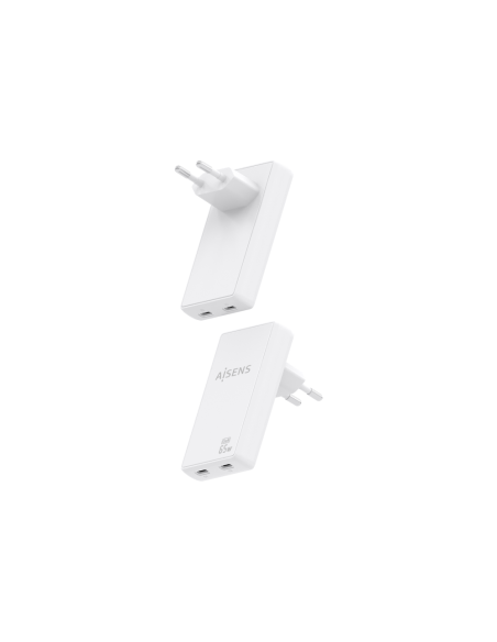 AISENS Cargador De Pared GaN Ultra Delgado 65W, 2xUSB-C PD3.0 QC4.0, Blanco