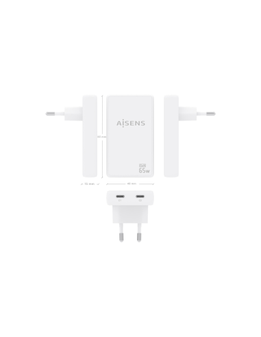 AISENS Cargador De Pared GaN Ultra Delgado 65W, 2xUSB-C PD3.0 QC4.0, Blanco