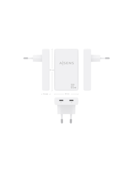 AISENS Cargador De Pared GaN Ultra Delgado 65W, 2xUSB-C PD3.0 QC4.0, Blanco
