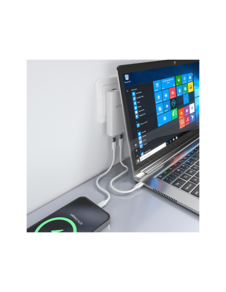 AISENS Cargador De Pared GaN Ultra Delgado 65W, 2xUSB-C PD3.0 QC4.0, Blanco