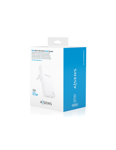 AISENS Cargador De Pared GaN Ultra Delgado 65W, 2xUSB-C PD3.0 QC4.0, Blanco