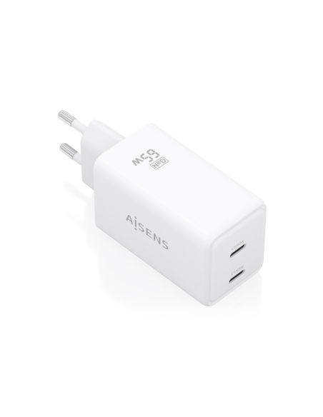 AISENS Cargador GaN 65W, 2xUSB-C PD3.0 QC4.0, Blanco