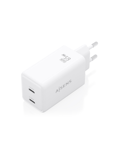 AISENS Cargador GaN 65W, 2xUSB-C PD3.0 QC4.0, Blanco