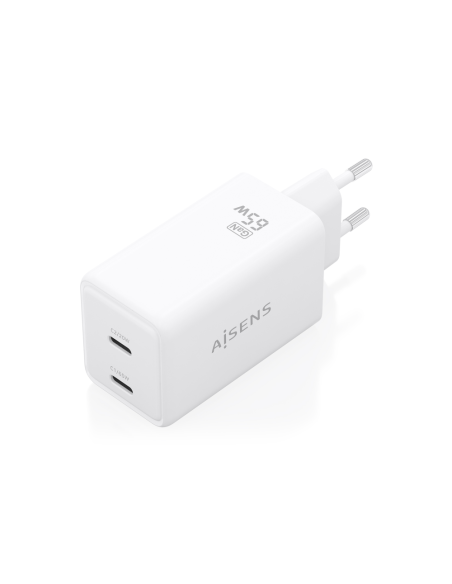 AISENS Cargador GaN 65W, 2xUSB-C PD3.0 QC4.0, Blanco