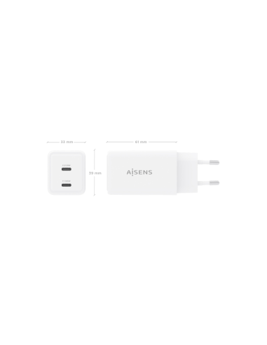AISENS Cargador GaN 65W, 2xUSB-C PD3.0 QC4.0, Blanco