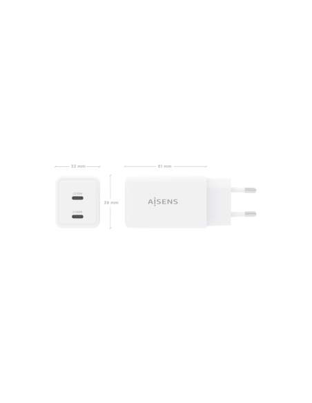 AISENS Cargador GaN 65W, 2xUSB-C PD3.0 QC4.0, Blanco