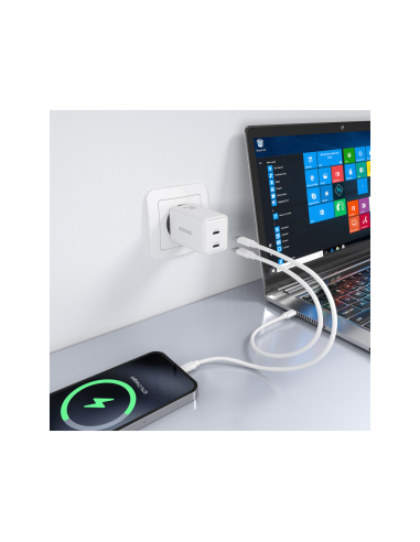 AISENS Cargador GaN 65W, 2xUSB-C PD3.0 QC4.0, Blanco