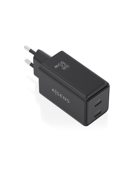 AISENS Cargador GaN 65W, 2xUSB-C PD3.0 QC4.0, Negro