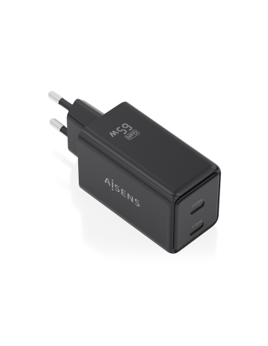 AISENS Cargador GaN 65W, 2xUSB-C PD3.0 QC4.0, Negro