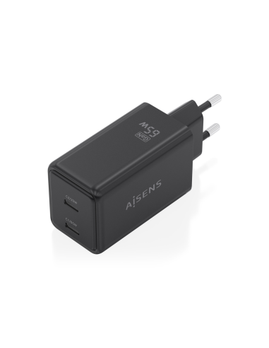 AISENS Cargador GaN 65W, 2xUSB-C PD3.0 QC4.0, Negro