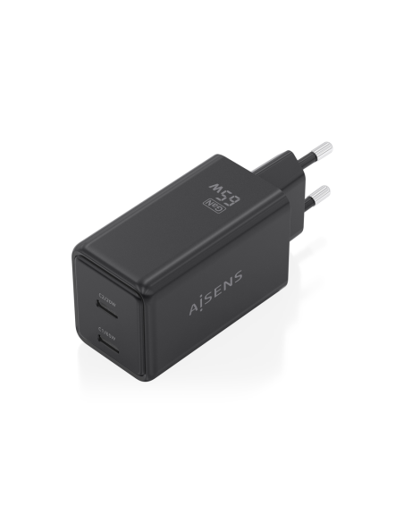 AISENS Cargador GaN 65W, 2xUSB-C PD3.0 QC4.0, Negro