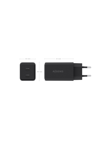 AISENS Cargador GaN 65W, 2xUSB-C PD3.0 QC4.0, Negro
