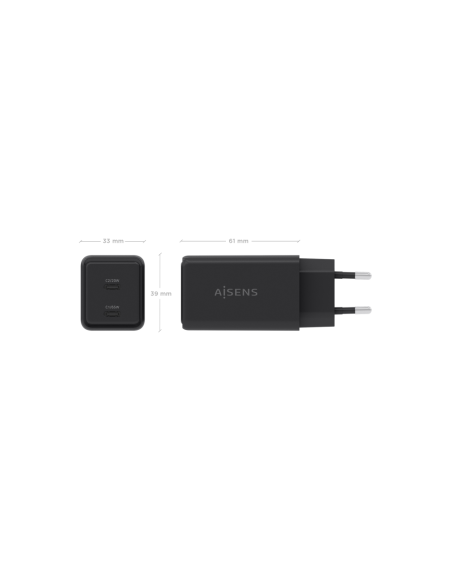 AISENS Cargador GaN 65W, 2xUSB-C PD3.0 QC4.0, Negro