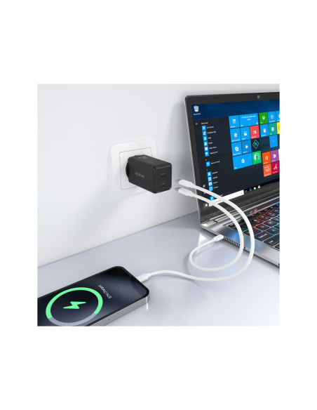 AISENS Cargador GaN 65W, 2xUSB-C PD3.0 QC4.0, Negro