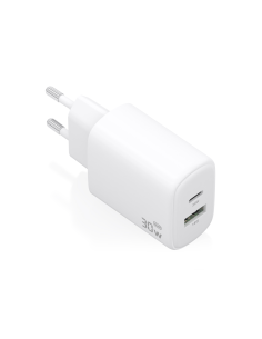 AISENS Cargador GaN 30W, 1xUSB-C PD3.0 QC4.0, 1xUSB-A QC3.0, Blanco