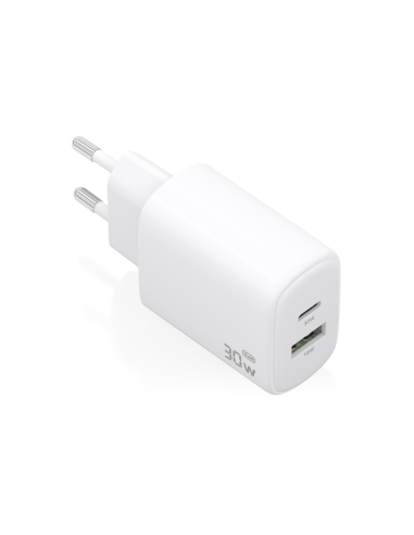 AISENS Cargador GaN 30W, 1xUSB-C PD3.0 QC4.0, 1xUSB-A QC3.0, Blanco
