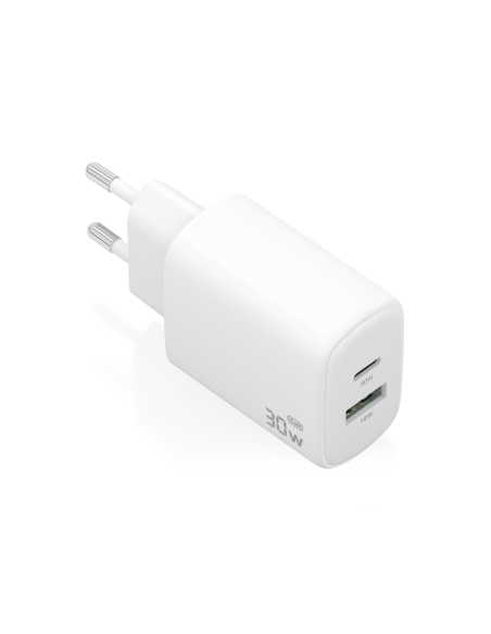 AISENS Cargador GaN 30W, 1xUSB-C PD3.0 QC4.0, 1xUSB-A QC3.0, Blanco