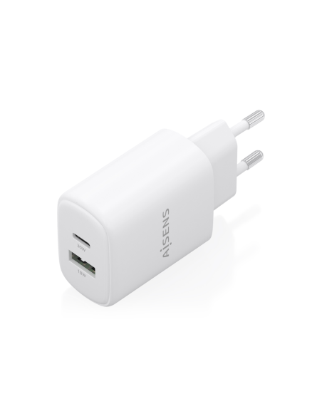 AISENS Cargador GaN 30W, 1xUSB-C PD3.0 QC4.0, 1xUSB-A QC3.0, Blanco