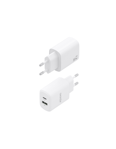 AISENS Cargador GaN 30W, 1xUSB-C PD3.0 QC4.0, 1xUSB-A QC3.0, Blanco