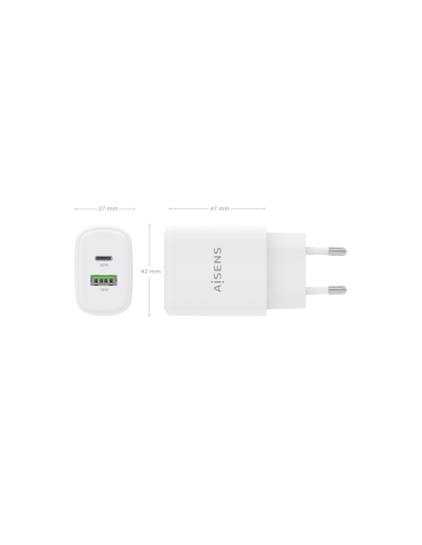 AISENS Cargador GaN 30W, 1xUSB-C PD3.0 QC4.0, 1xUSB-A QC3.0, Blanco