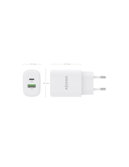 AISENS Cargador GaN 30W, 1xUSB-C PD3.0 QC4.0, 1xUSB-A QC3.0, Blanco