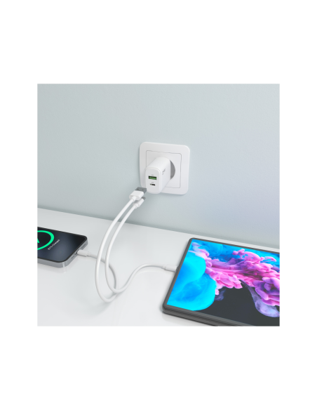 AISENS Cargador GaN 30W, 1xUSB-C PD3.0 QC4.0, 1xUSB-A QC3.0, Blanco