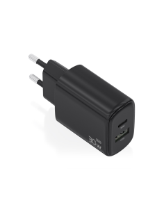 AISENS Cargador GaN 30W, 1xUSB-C PD3.0 QC4.0, 1xUSB-A QC3.0, Negro