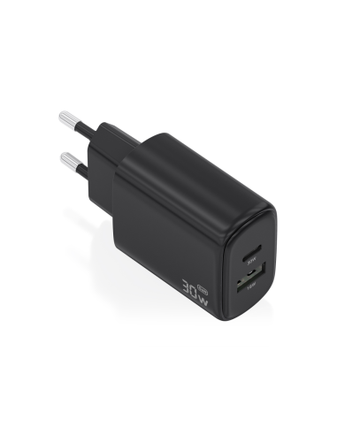 AISENS Cargador GaN 30W, 1xUSB-C PD3.0 QC4.0, 1xUSB-A QC3.0, Negro